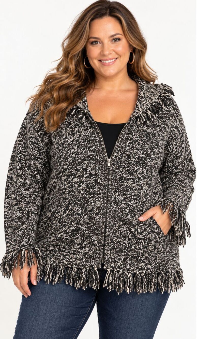 Jazzie Women's 4X Hooded Zip Sweater Black White Wool Blend Fringe Chunky Knit